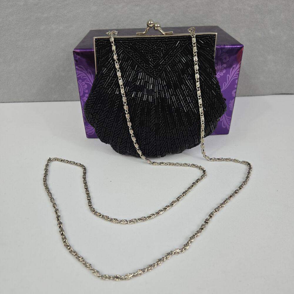 Antique Art Deco Black Beaded Clamshell Clutch Purse Snap Closure Chain Strap - Picture 7 of 14